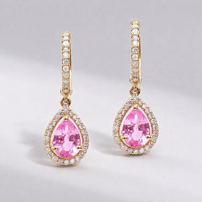 Natural Pink Sapphire Hoop Earrings, Pear Drop Earrings: 14K Rose Gold, Halo Diamond Hoops - Evara Jewelry LLC