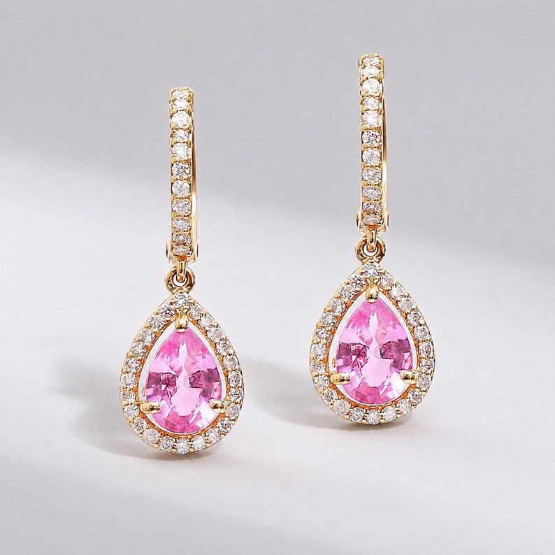 Natural Pink Sapphire Hoop Earrings, Pear Drop Earrings: 14K Rose Gold, Halo Diamond Hoops - Evara Jewelry LLC