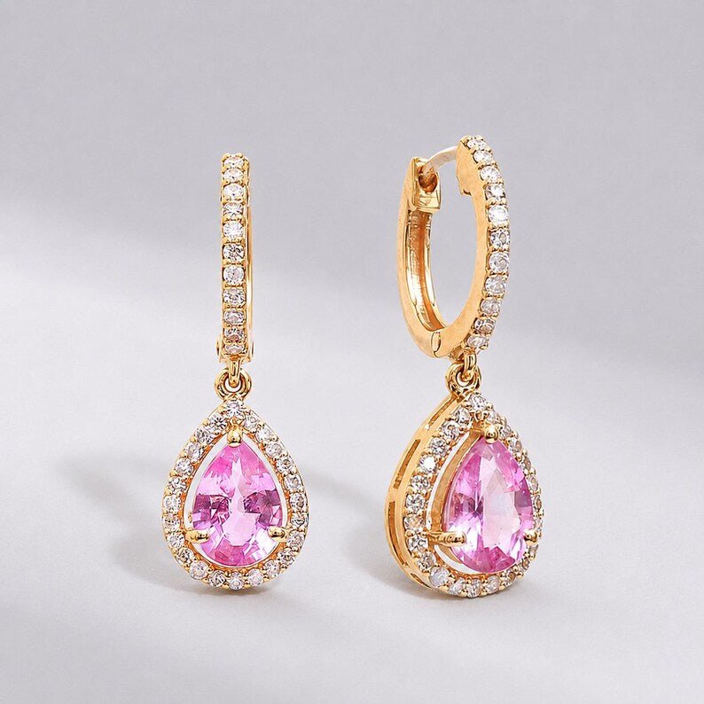Natural Pink Sapphire Hoop Earrings, Pear Drop Earrings: 14K Rose Gold, Halo Diamond Hoops - Evara Jewelry LLC