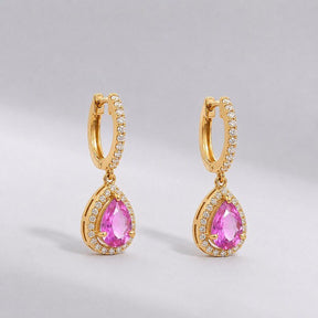 Natural Pink Sapphire Hoop Earrings, Pear Drop Earrings: 14K Rose Gold, Halo Diamond Hoops - Evara Jewelry LLC