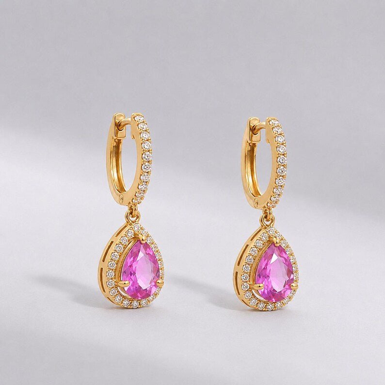 Natural Pink Sapphire Hoop Earrings, Pear Drop Earrings: 14K Rose Gold, Halo Diamond Hoops - Evara Jewelry LLC