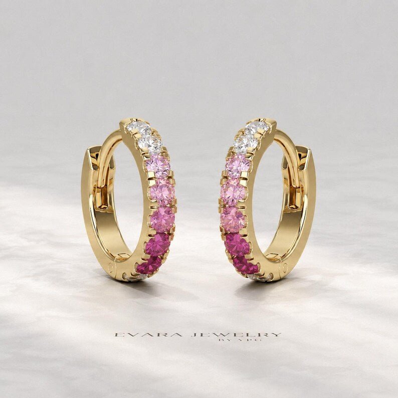 Natural Pink Sapphire Ombre Hoop Earrings: Dainty Hoops, Birthday Gift for Her - Evara Jewelry LLC