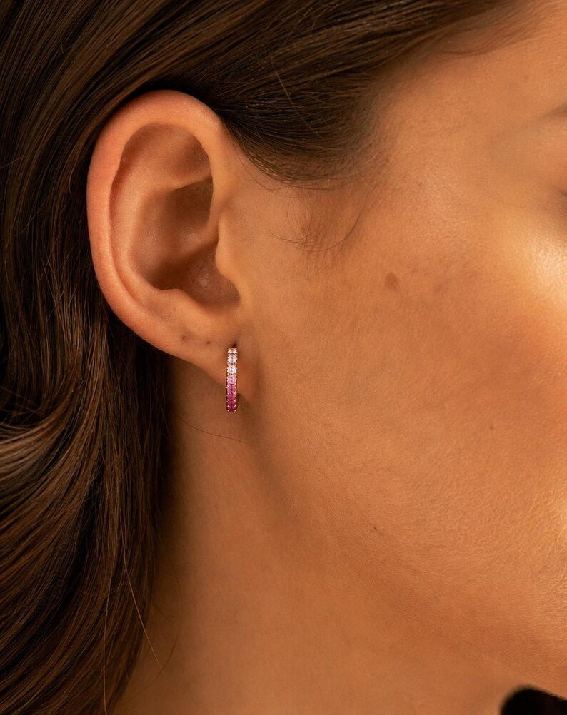 Natural Pink Sapphire Ombre Hoop Earrings: Dainty Hoops, Birthday Gift for Her - Evara Jewelry LLC