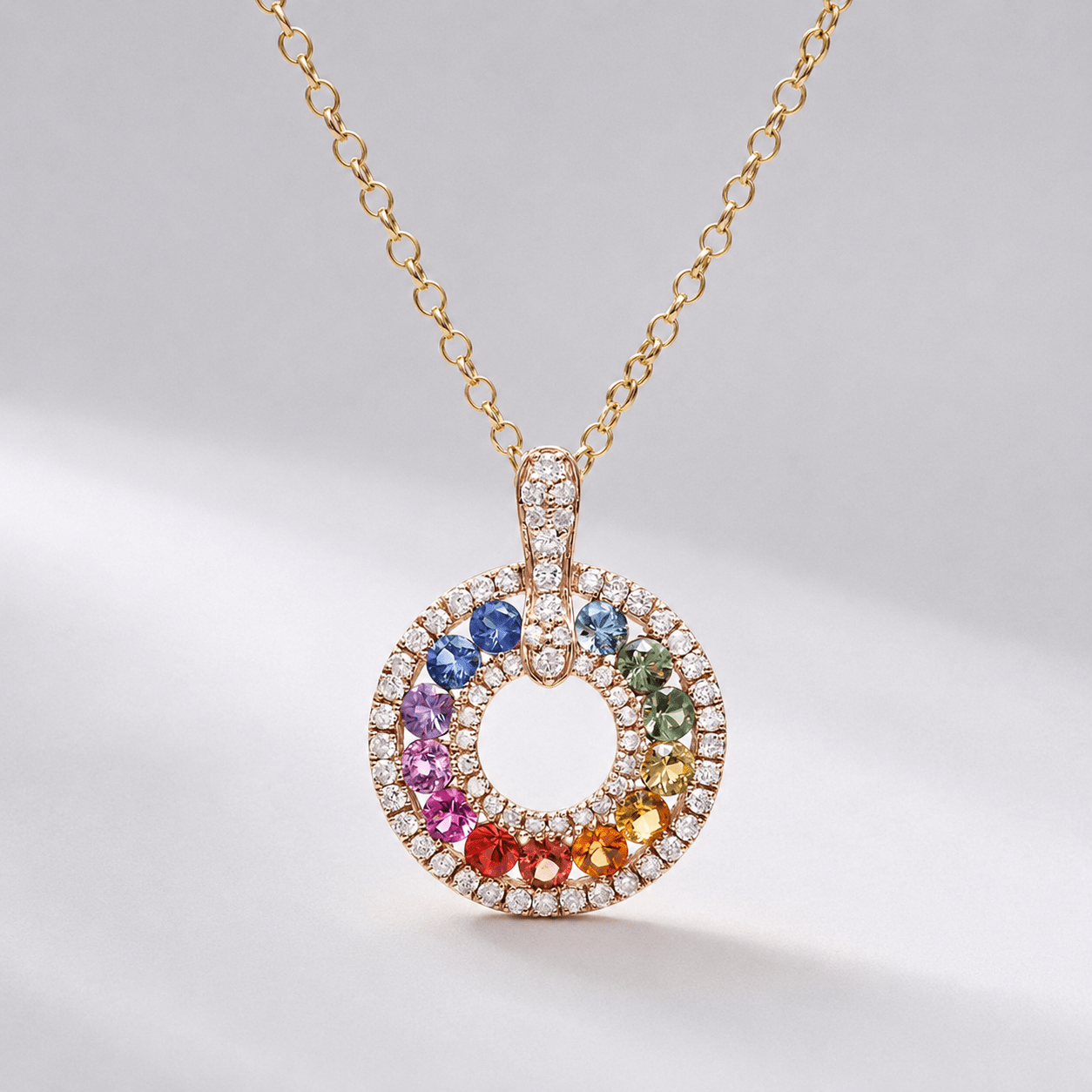 Natural Rainbow Sapphire and Lab-Grown Diamond Circle Pendant Necklace in 14K Gold - Evara Jewelry LLC