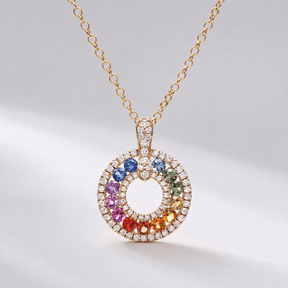 Natural Rainbow Sapphire and Lab-Grown Diamond Circle Pendant Necklace in 14K Gold - Evara Jewelry LLC