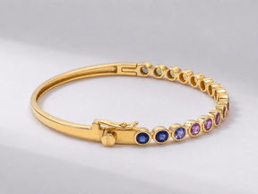 Natural Rainbow Sapphire Bezel-Set Oval Cuff Bangle in 14K Gold - Evara Jewelry LLC