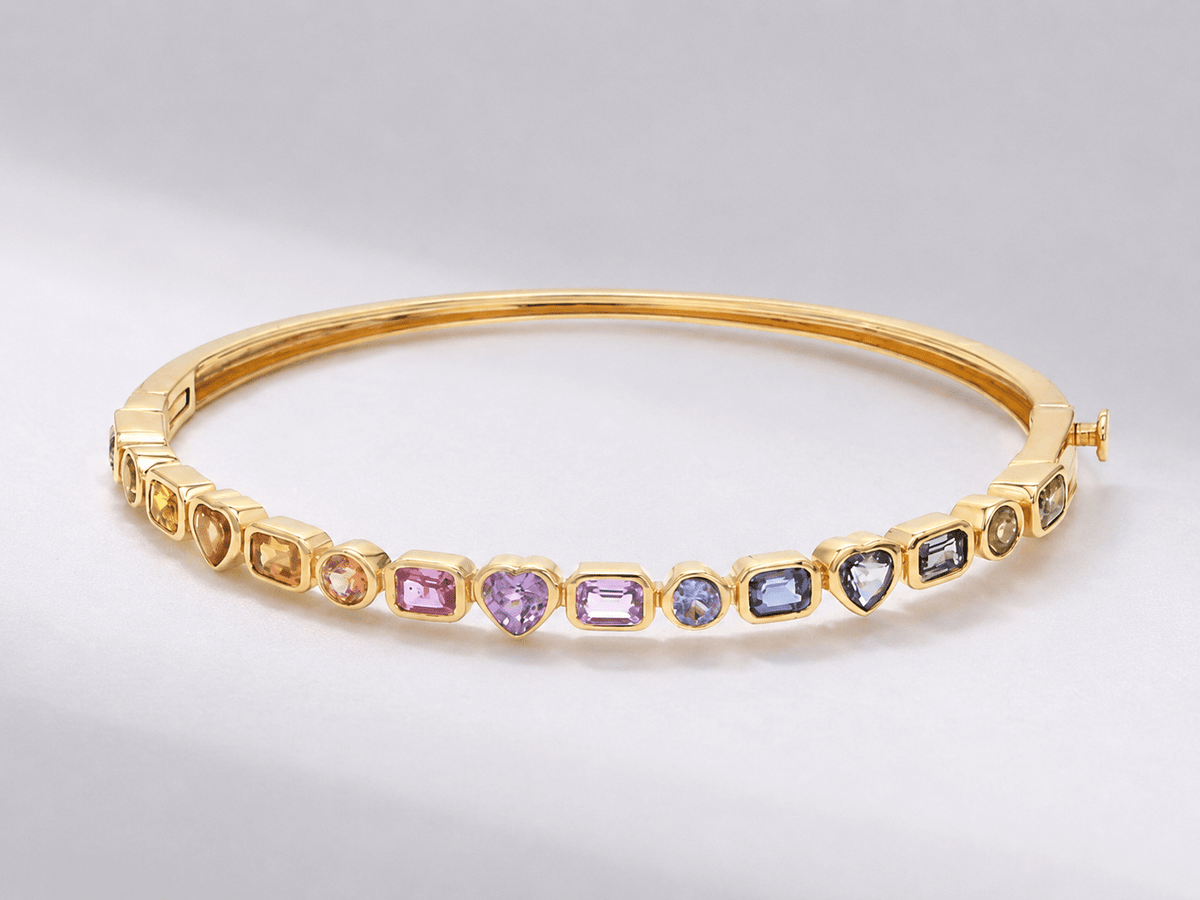 Natural Rainbow Sapphire Bezel Set Stacking Cuff Bracelet in 18K Yellow Gold - Evara Jewelry LLC