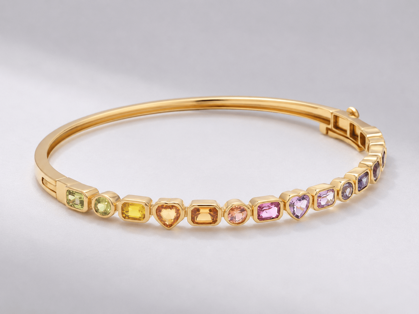 Natural Rainbow Sapphire Bezel Set Stacking Cuff Bracelet in 18K Yellow Gold - Evara Jewelry LLC