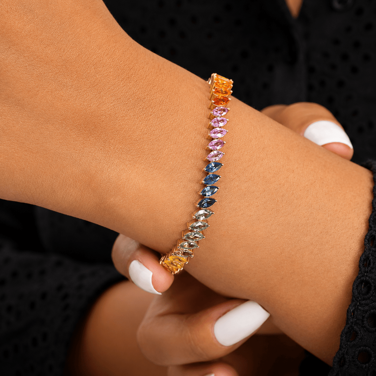 Natural Rainbow Sapphire Heart-Cut Tennis Bracelet in 14K Yellow Gold - Evara Jewelry LLC