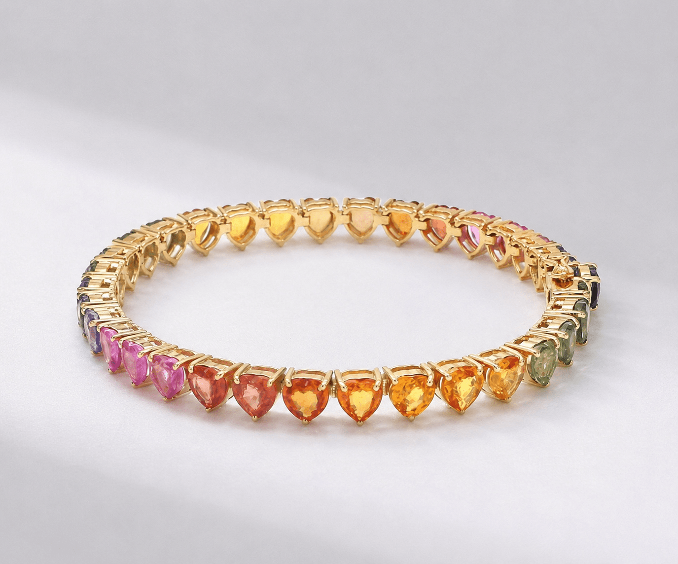 Natural Rainbow Sapphire Heart-Cut Tennis Bracelet in 14K Yellow Gold - Evara Jewelry LLC