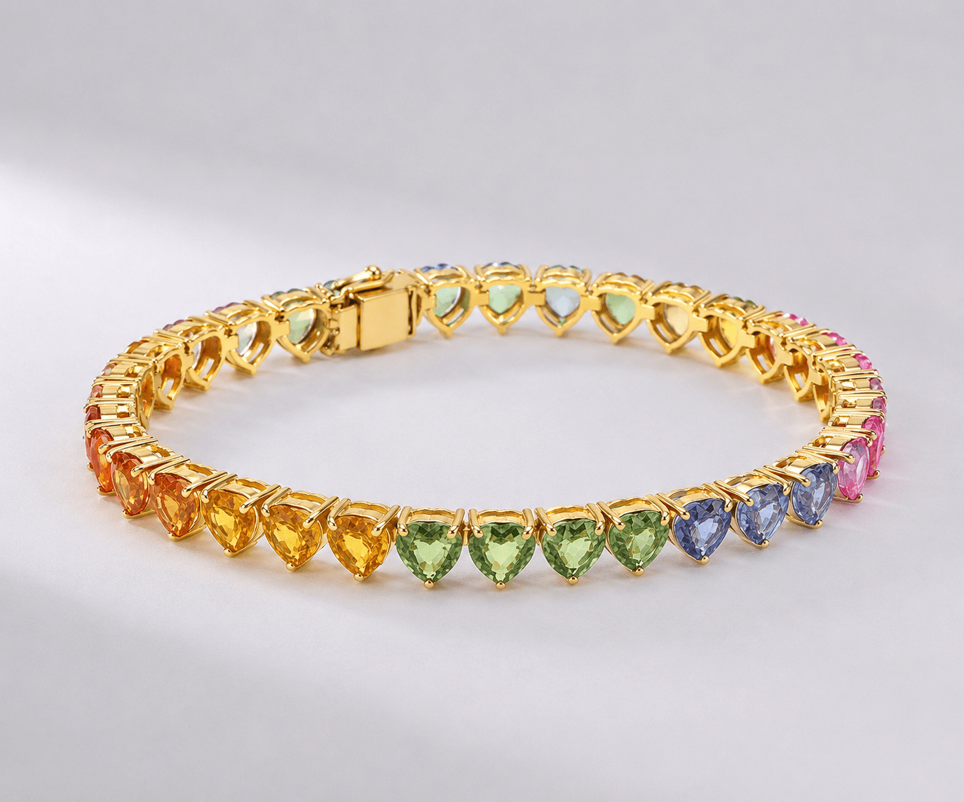 Natural Rainbow Sapphire Heart-Cut Tennis Bracelet in 14K Yellow Gold - Evara Jewelry LLC