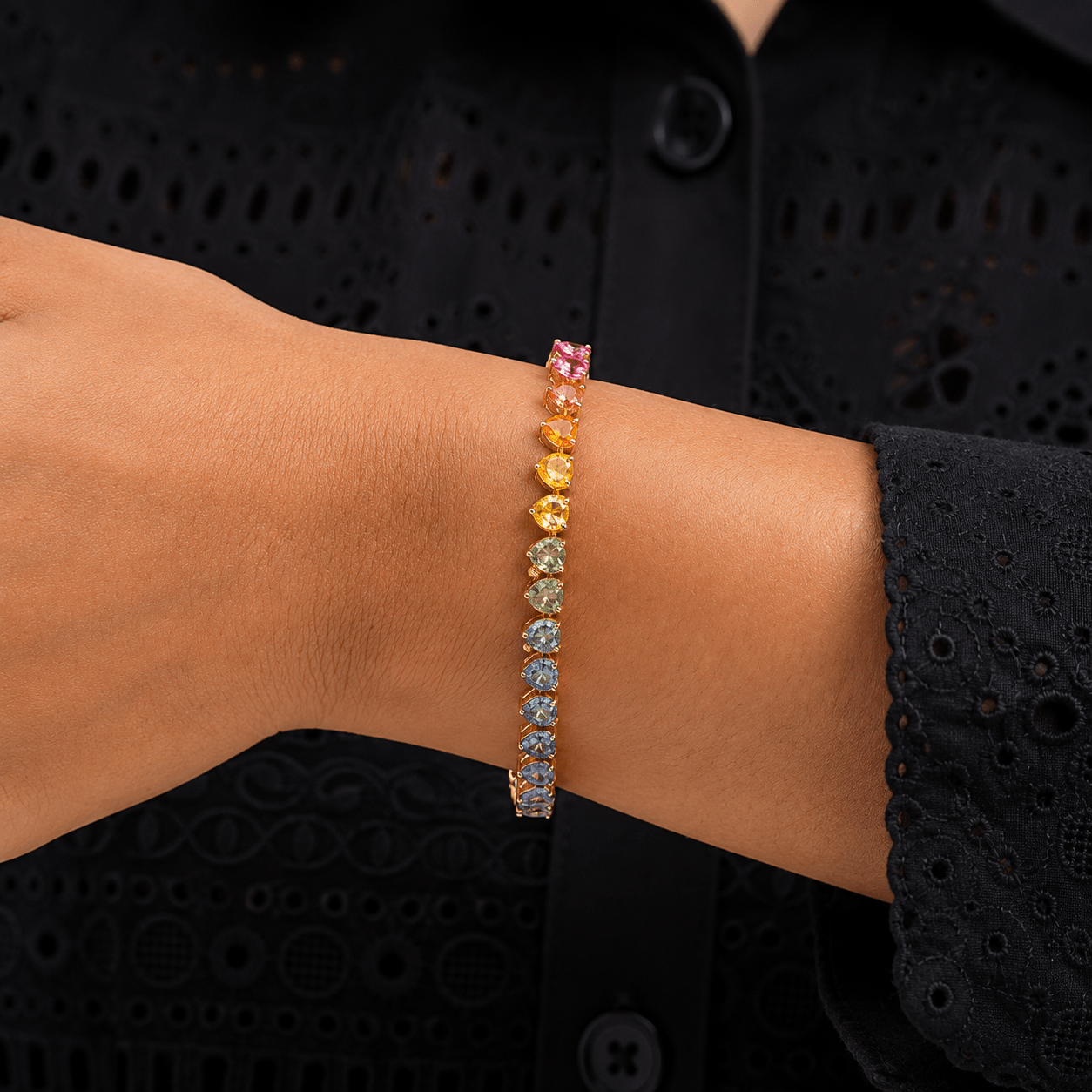 Natural Rainbow Sapphire Heart-Cut Tennis Bracelet in 14K Yellow Gold - Evara Jewelry LLC