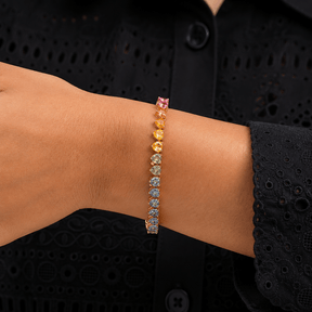 Natural Rainbow Sapphire Heart-Cut Tennis Bracelet in 14K Yellow Gold - Evara Jewelry LLC