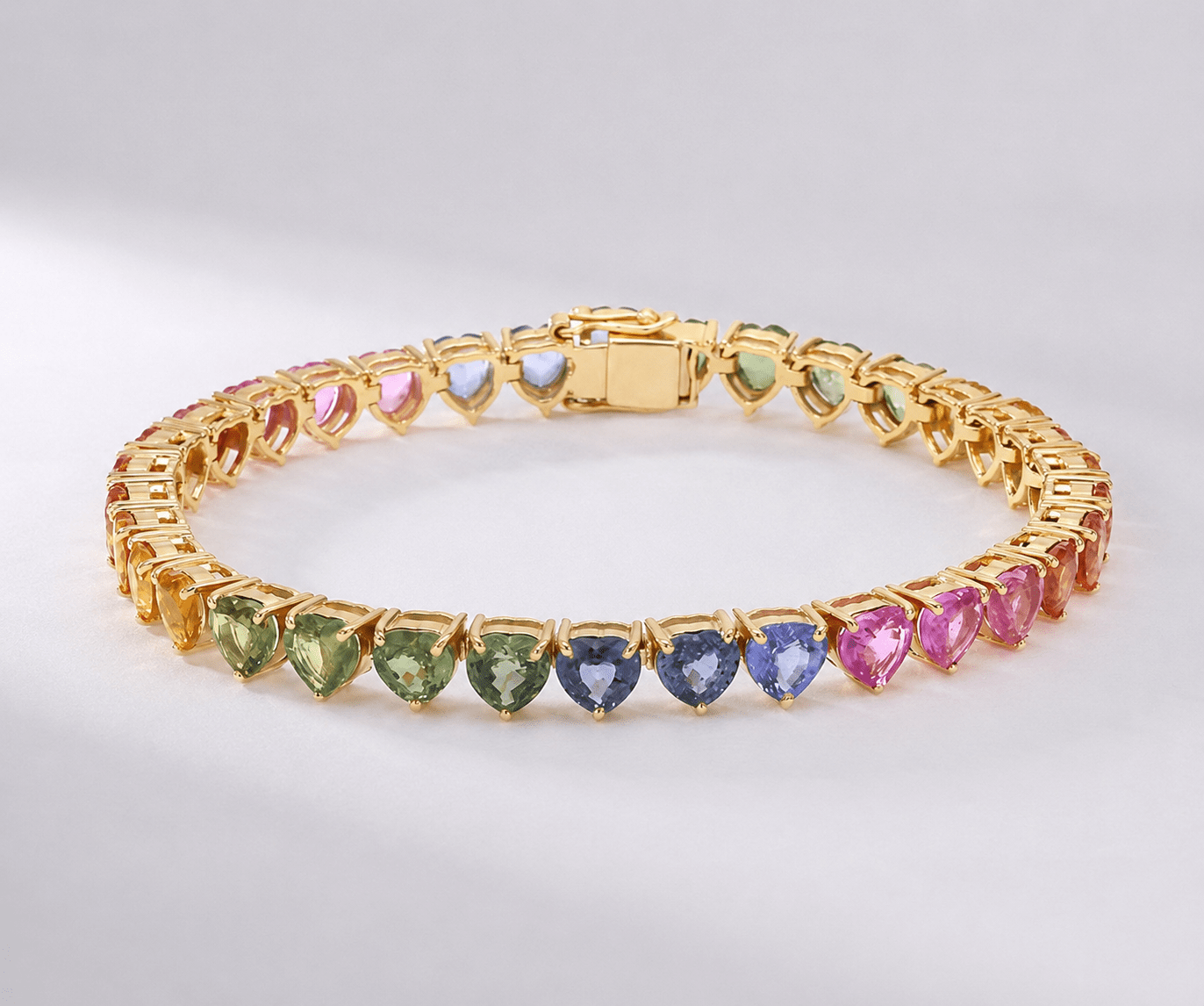 Natural Rainbow Sapphire Heart-Cut Tennis Bracelet in 14K Yellow Gold - Evara Jewelry LLC