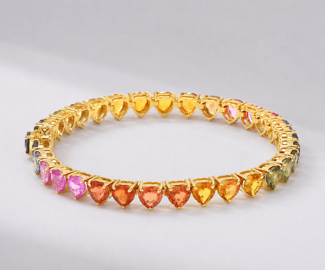 Natural Rainbow Sapphire Heart-Cut Tennis Bracelet in 14K Yellow Gold - Evara Jewelry LLC