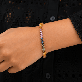 Natural Rainbow Sapphire Heart-Cut Tennis Bracelet in 14K Yellow Gold - Evara Jewelry LLC