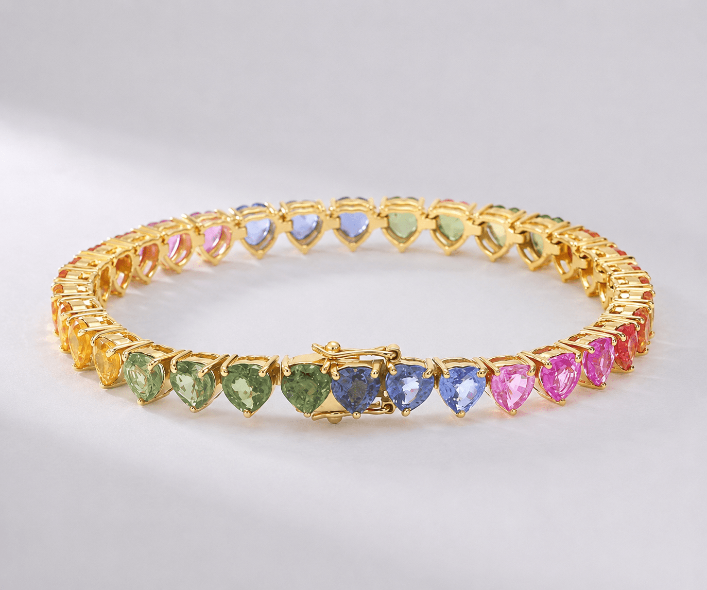 Natural Rainbow Sapphire Heart-Cut Tennis Bracelet in 14K Yellow Gold - Evara Jewelry LLC