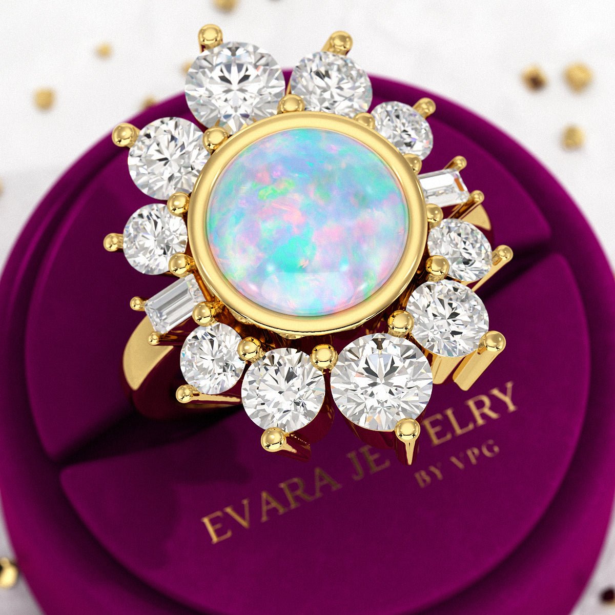 Natural Round Fire Opal & CVD Diamond Victorian Era Wedding Ring - Evara Jewelry LLC