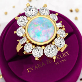 Natural Round Fire Opal & CVD Diamond Victorian Era Wedding Ring - Evara Jewelry LLC