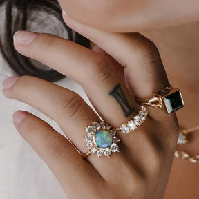 Natural Round Fire Opal & CVD Diamond Victorian Era Wedding Ring - Evara Jewelry LLC