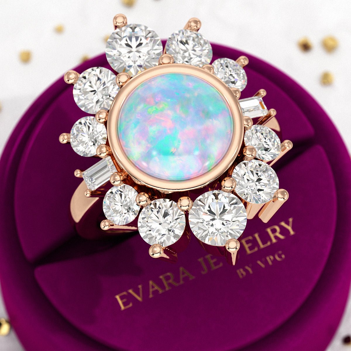 Natural Round Fire Opal & CVD Diamond Victorian Era Wedding Ring - Evara Jewelry LLC