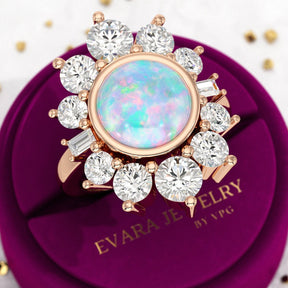 Natural Round Fire Opal & CVD Diamond Victorian Era Wedding Ring - Evara Jewelry LLC