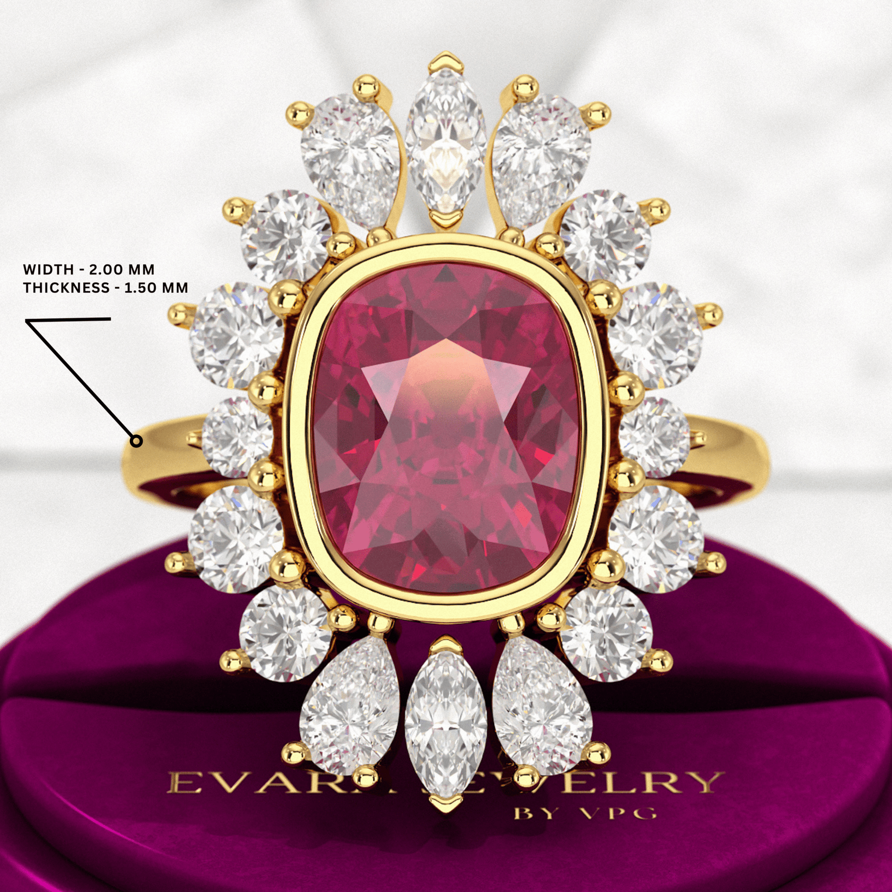 Natural Rubellite Tourmaline Cushion & CVD Diamond Art Deco Wedding Ring - Evara Jewelry LLC