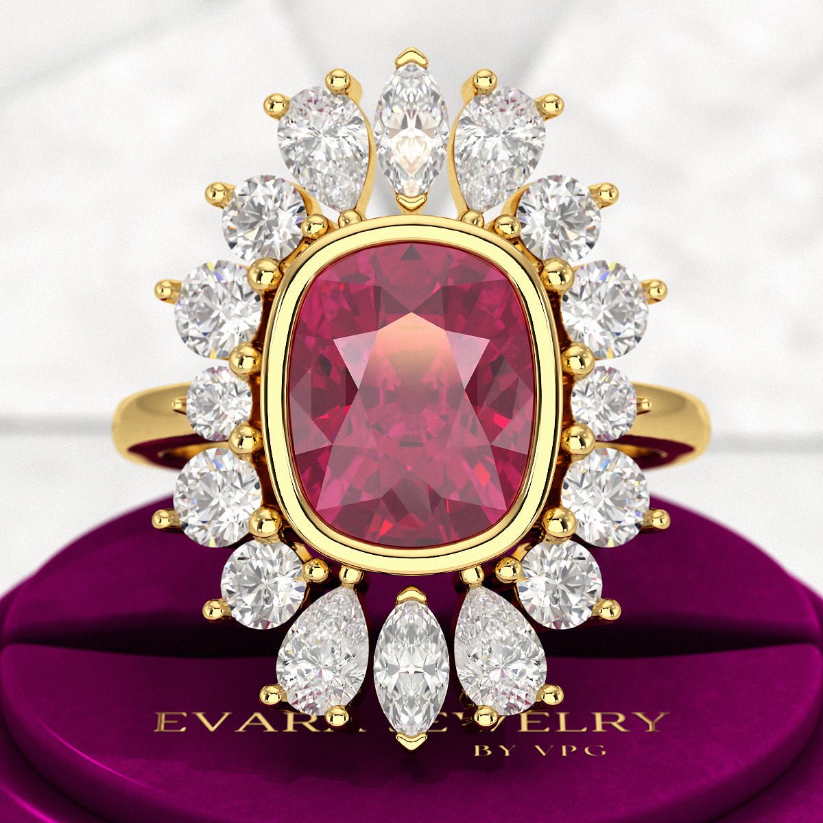 Natural Rubellite Tourmaline Cushion & CVD Diamond Art Deco Wedding Ring - Evara Jewelry LLC