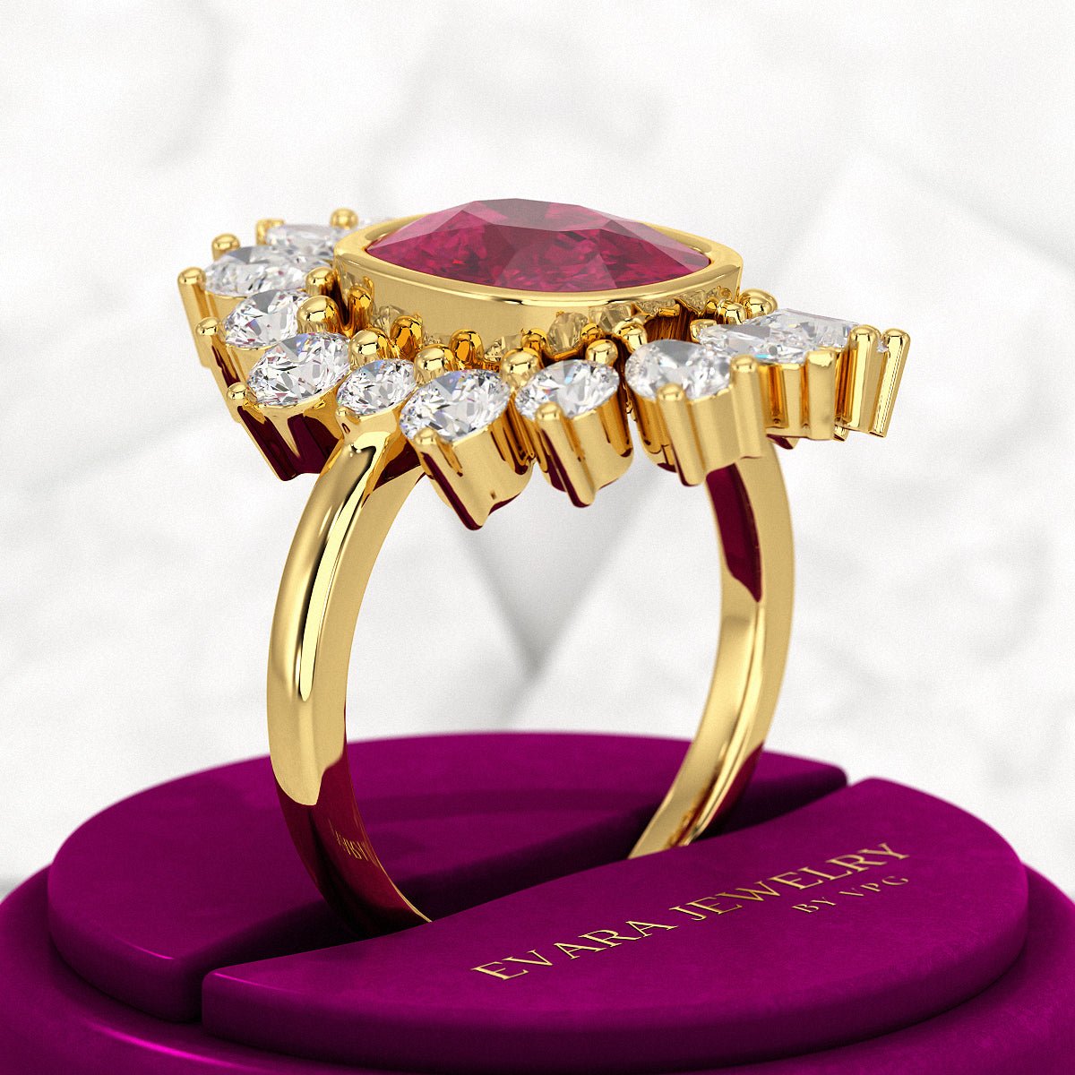 Natural Rubellite Tourmaline Cushion & CVD Diamond Art Deco Wedding Ring - Evara Jewelry LLC