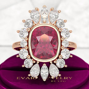Natural Rubellite Tourmaline Cushion & CVD Diamond Art Deco Wedding Ring - Evara Jewelry LLC