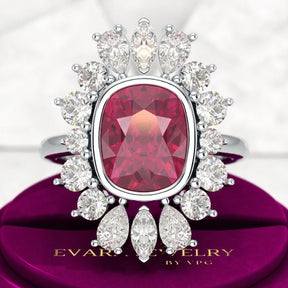 Natural Rubellite Tourmaline Cushion & CVD Diamond Art Deco Wedding Ring - Evara Jewelry LLC