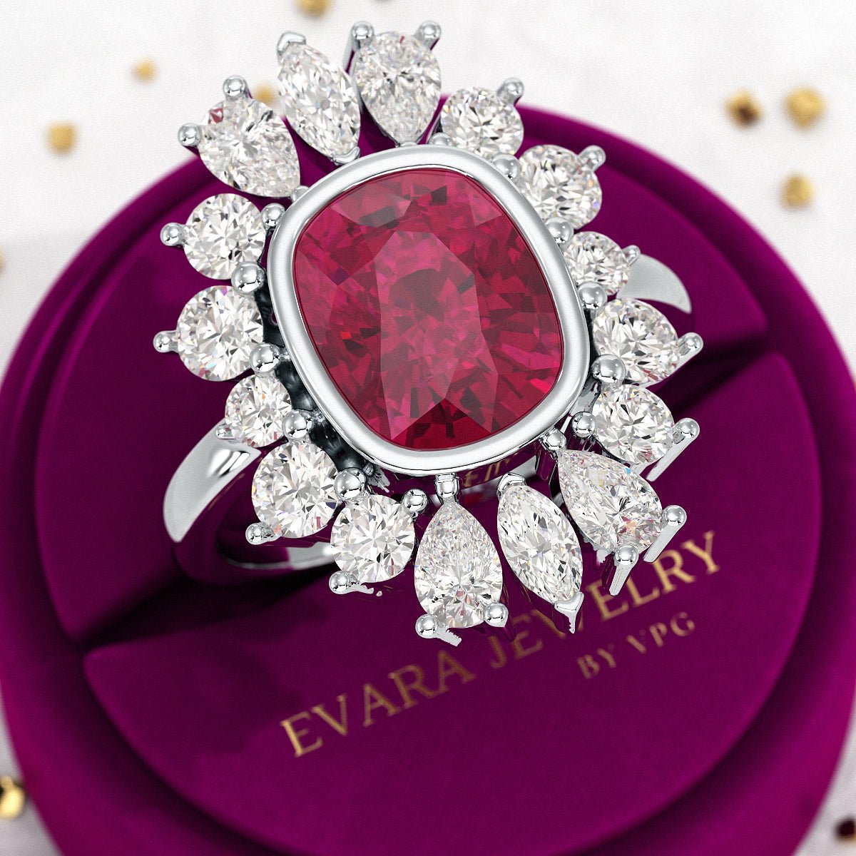 Natural Rubellite Tourmaline Cushion & CVD Diamond Art Deco Wedding Ring - Evara Jewelry LLC