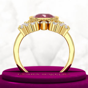 Natural Rubellite Tourmaline Cushion & CVD Diamond Art Deco Wedding Ring - Evara Jewelry LLC