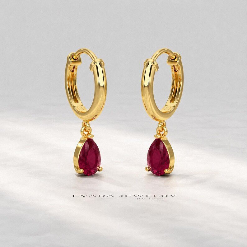 Natural Ruby Classic Everyday Hoop Earrings: 14K Rose Gold, July Birthstone - Evara Jewelry LLC