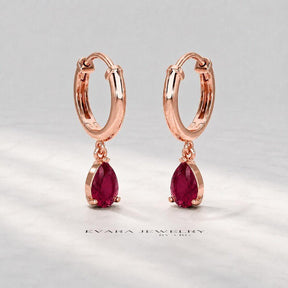 Natural Ruby Classic Everyday Hoop Earrings: 14K Rose Gold, July Birthstone - Evara Jewelry LLC