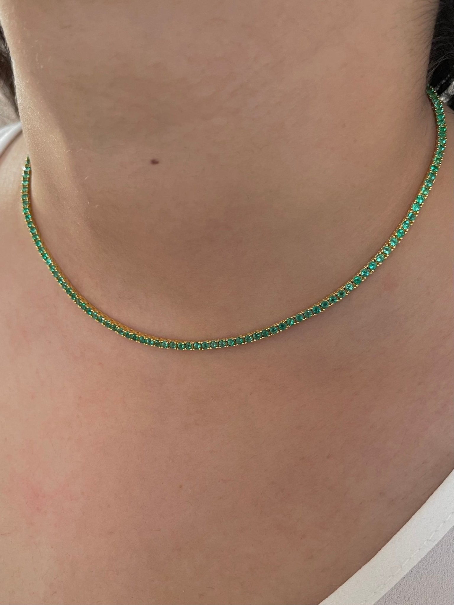 Natural Zambian Green Emerald Tennis Necklace in 14K/18K White Gold - Evara Jewelry LLC