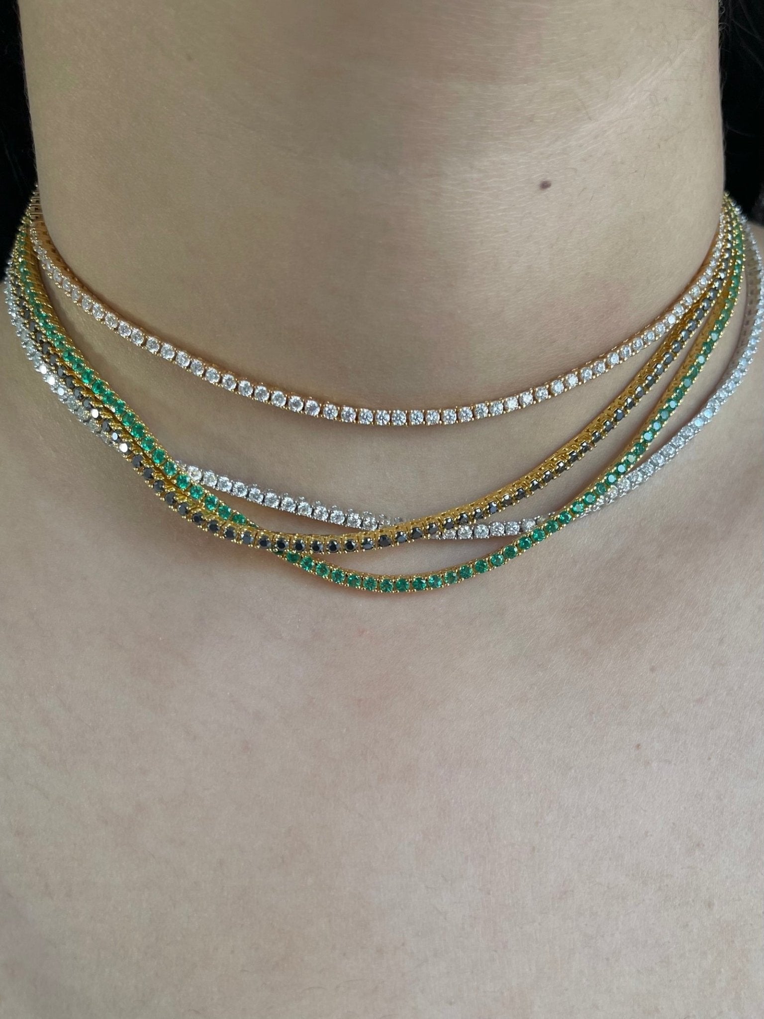 Natural Zambian Green Emerald Tennis Necklace in 14K/18K White Gold - Evara Jewelry LLC