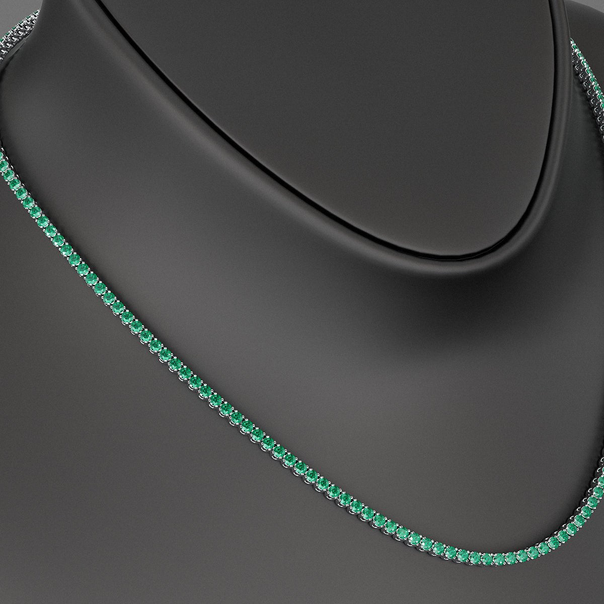 Natural Zambian Green Emerald Tennis Necklace in 14K/18K White Gold - Evara Jewelry LLC