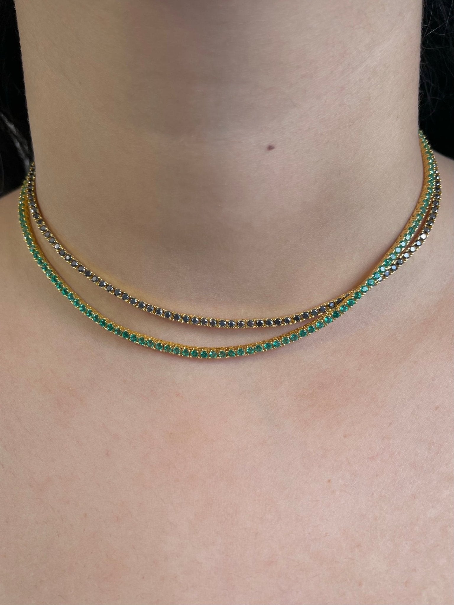 Natural Zambian Green Emerald Tennis Necklace in 14K/18K White Gold - Evara Jewelry LLC