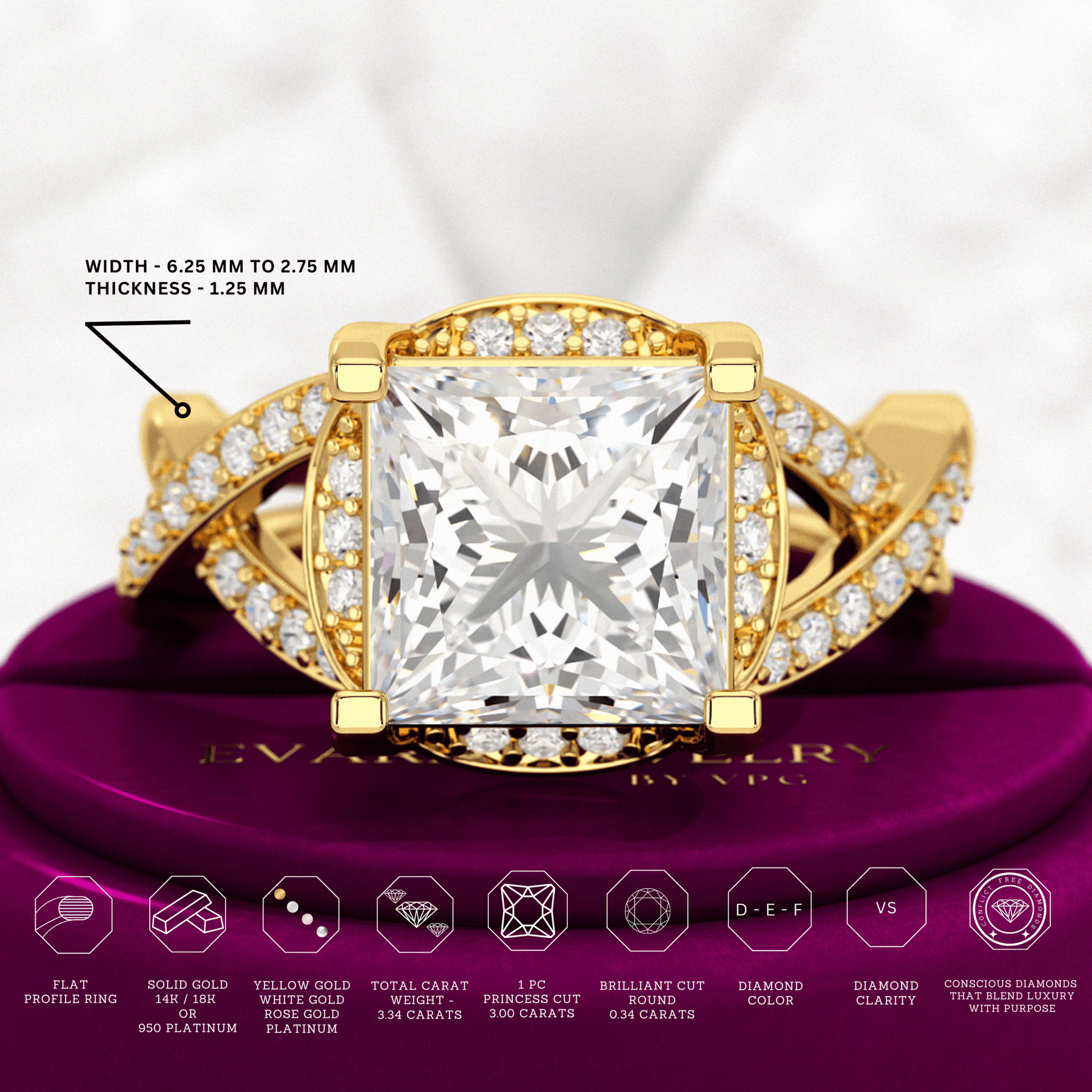 Nature Inspired 3 Carat Princess Cut Lab Grown Diamond Wedding Ring - Evara Jewelry LLC