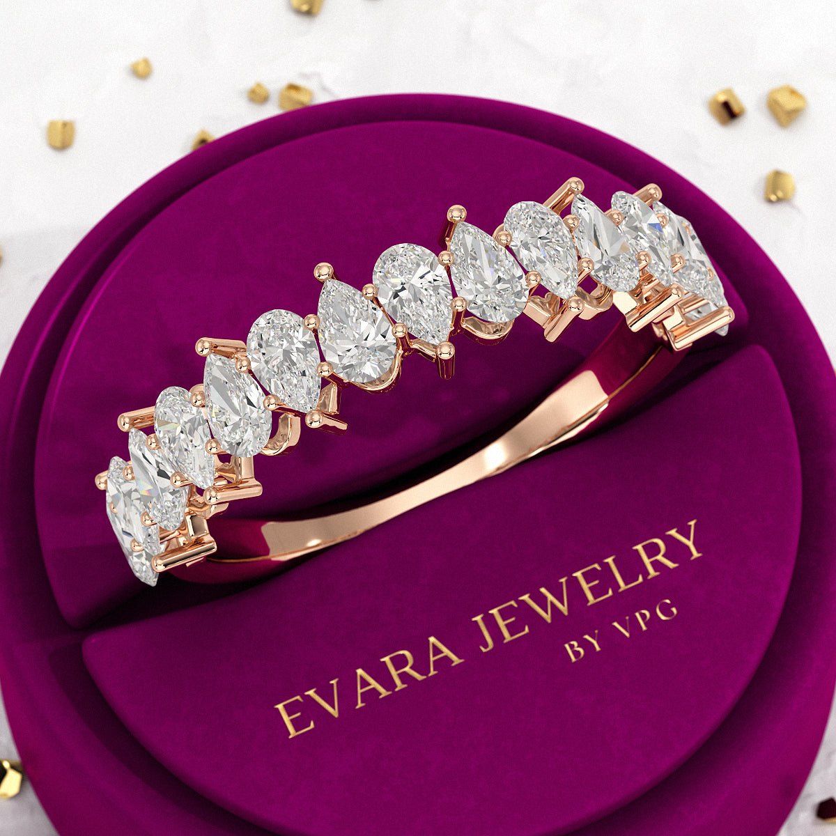 North South Pear Cut Diamond Art Deco Half Eternity Stacking Band - Evara Jewelry LLC