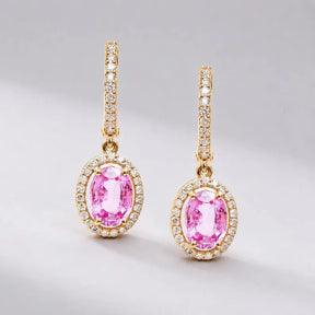 Oval Cut Natural Pink Sapphire Hoop Earrings: 14K Rose Gold, Halo Diamond Hoops - Evara Jewelry LLC