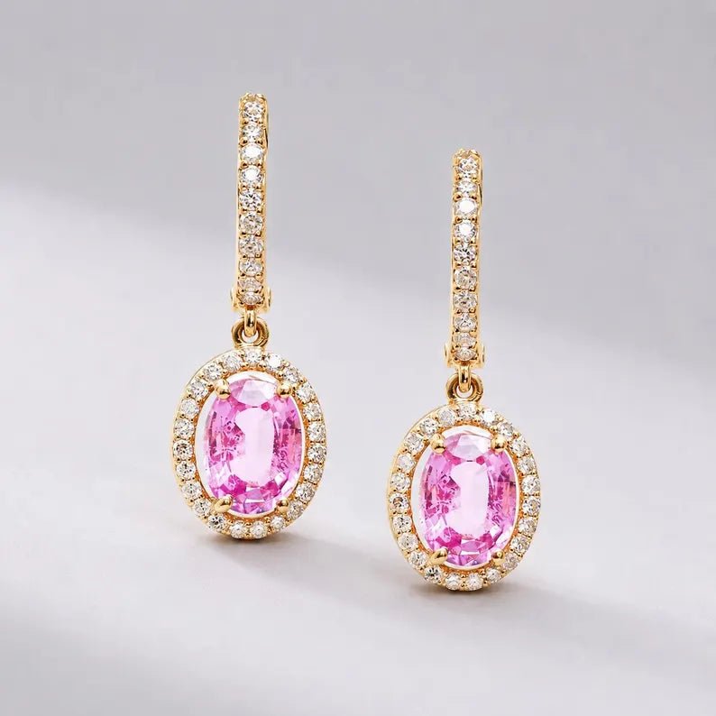 Oval Cut Natural Pink Sapphire Hoop Earrings: 14K Rose Gold, Halo Diamond Hoops - Evara Jewelry LLC