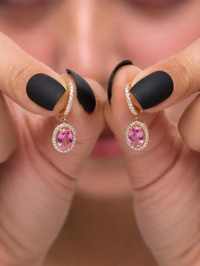 Oval Cut Natural Pink Sapphire Hoop Earrings: 14K Rose Gold, Halo Diamond Hoops - Evara Jewelry LLC