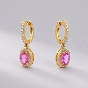 Oval Cut Natural Pink Sapphire Hoop Earrings: 14K Rose Gold, Halo Diamond Hoops - Evara Jewelry LLC