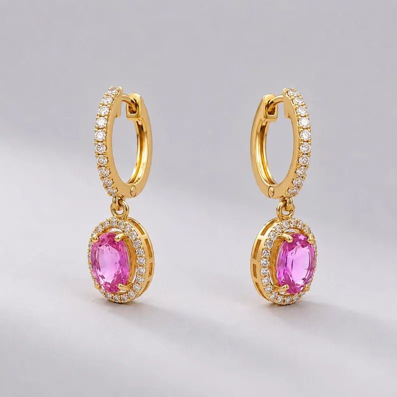 Oval Cut Natural Pink Sapphire Hoop Earrings: 14K Rose Gold, Halo Diamond Hoops - Evara Jewelry LLC