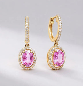 Oval Cut Natural Pink Sapphire Hoop Earrings: 14K Rose Gold, Halo Diamond Hoops - Evara Jewelry LLC