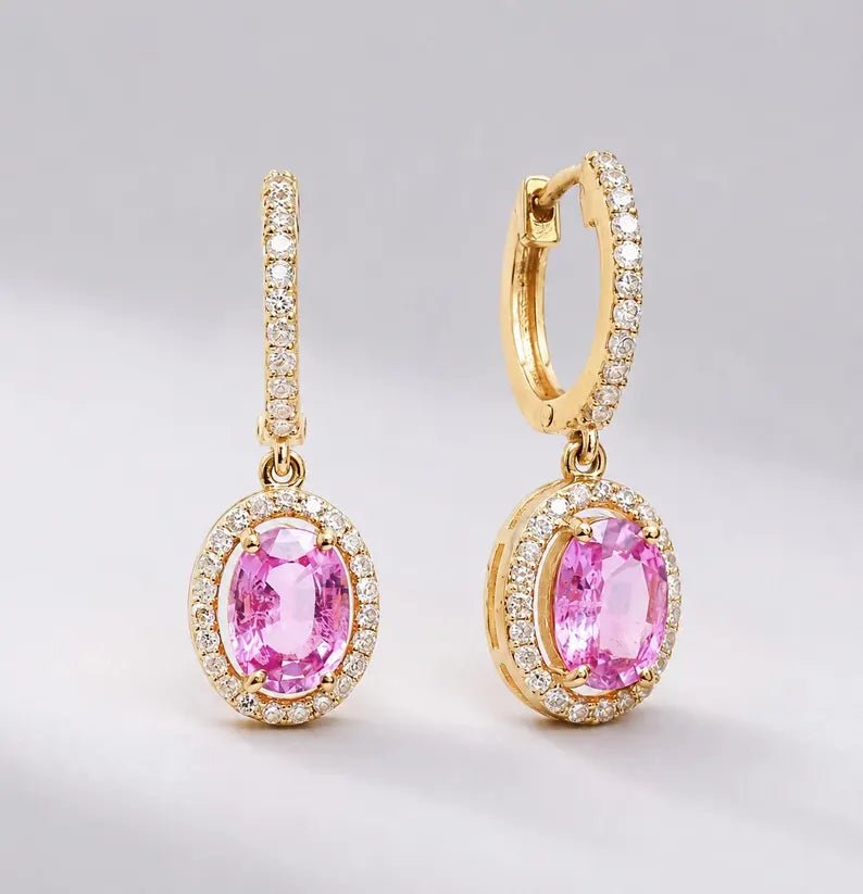 Oval Cut Natural Pink Sapphire Hoop Earrings: 14K Rose Gold, Halo Diamond Hoops - Evara Jewelry LLC
