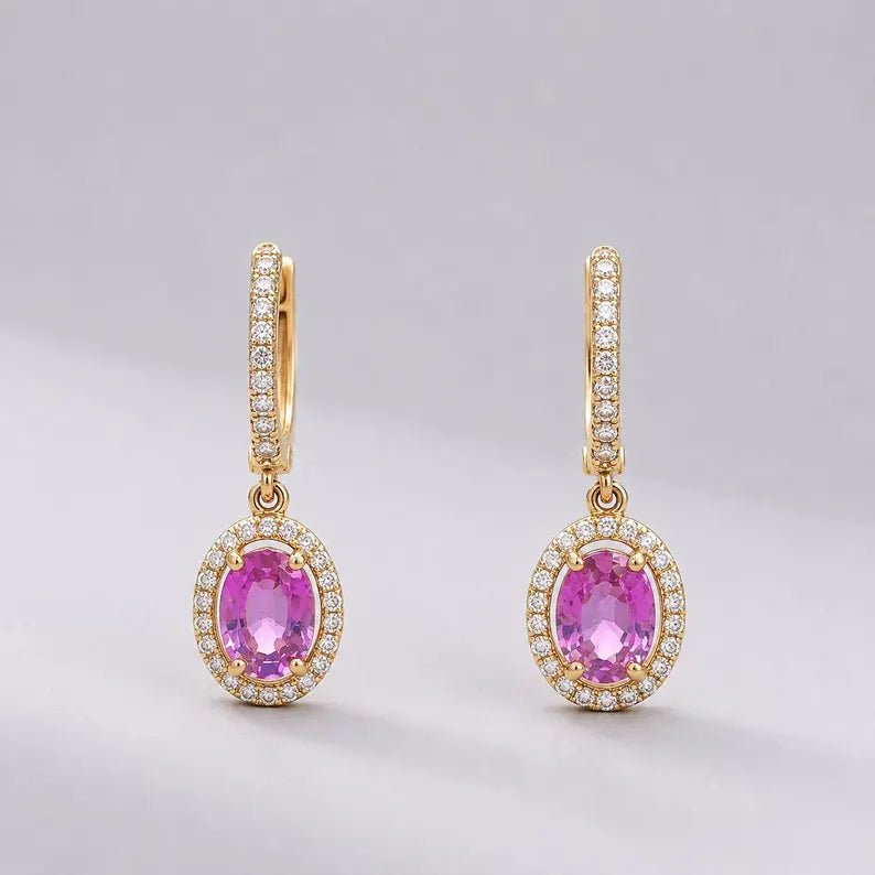 Oval Cut Natural Pink Sapphire Hoop Earrings: 14K Rose Gold, Halo Diamond Hoops - Evara Jewelry LLC