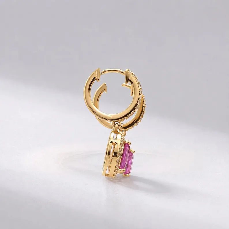 Oval Cut Natural Pink Sapphire Hoop Earrings: 14K Rose Gold, Halo Diamond Hoops - Evara Jewelry LLC